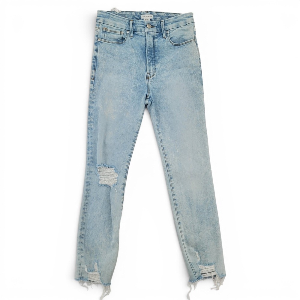 Good American Jeans 6/28 High Rise Straight Distressed Raw Hem Y2K‎ Style NEW